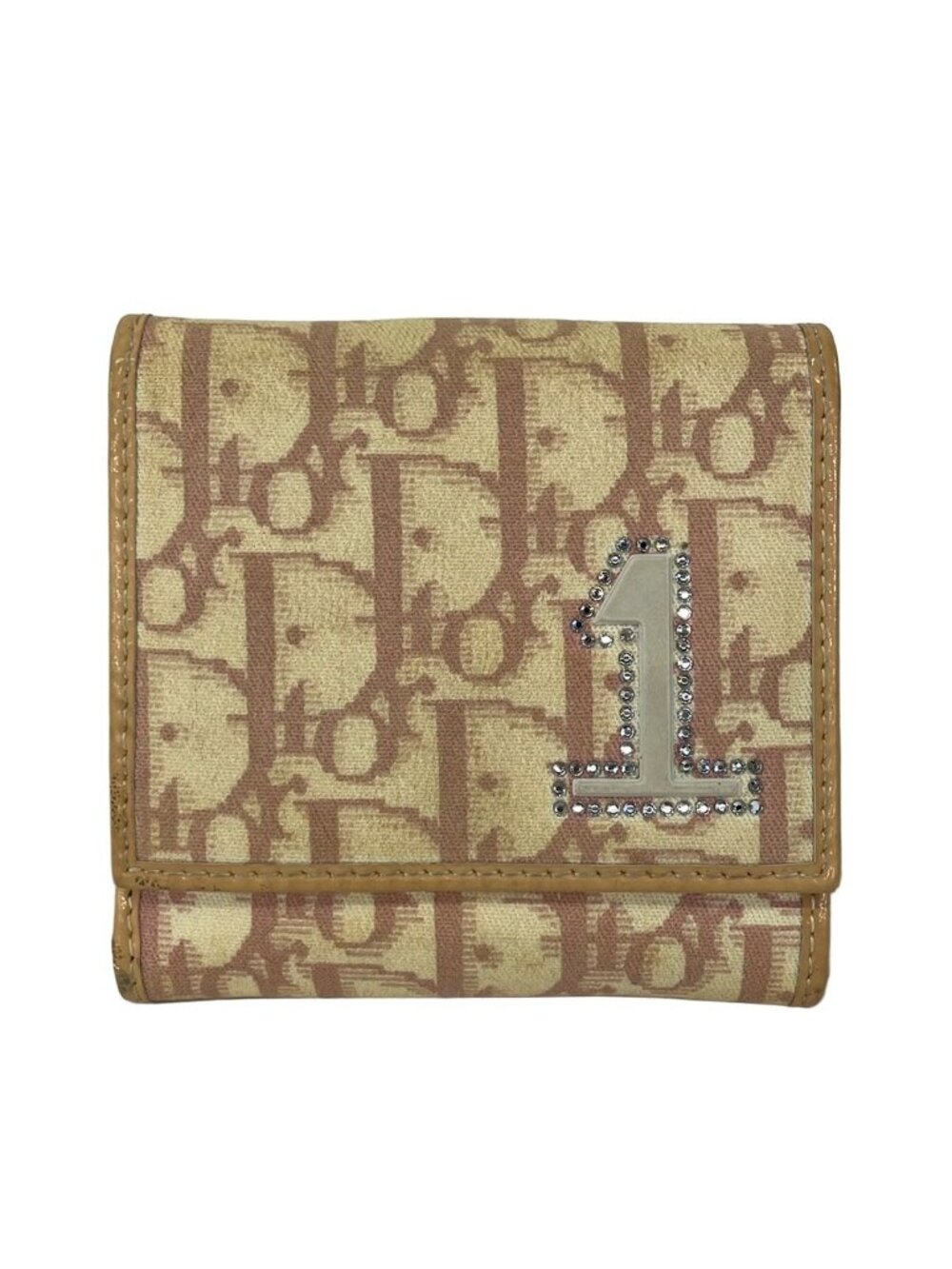 Dior Snap Wallet Trotter Beige Pink Silver Rhinestone Leather